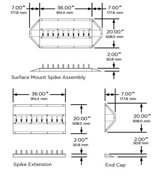 DoorKing 1610-088 Surface Mount Traffic Spike System Dimensions